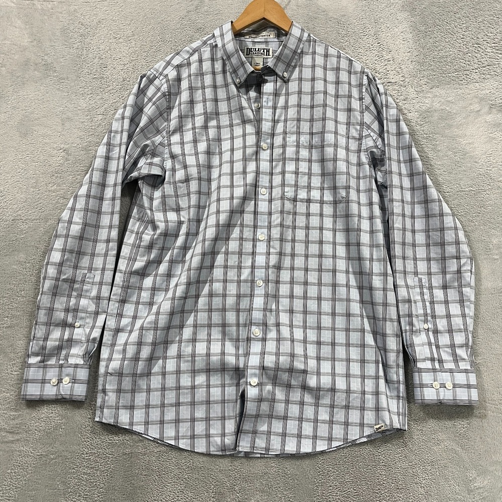 Duluth‎ Trading Co Men's L Tall Wrinkle Fighter Shirt Blue Micro Plaid Slim Fit